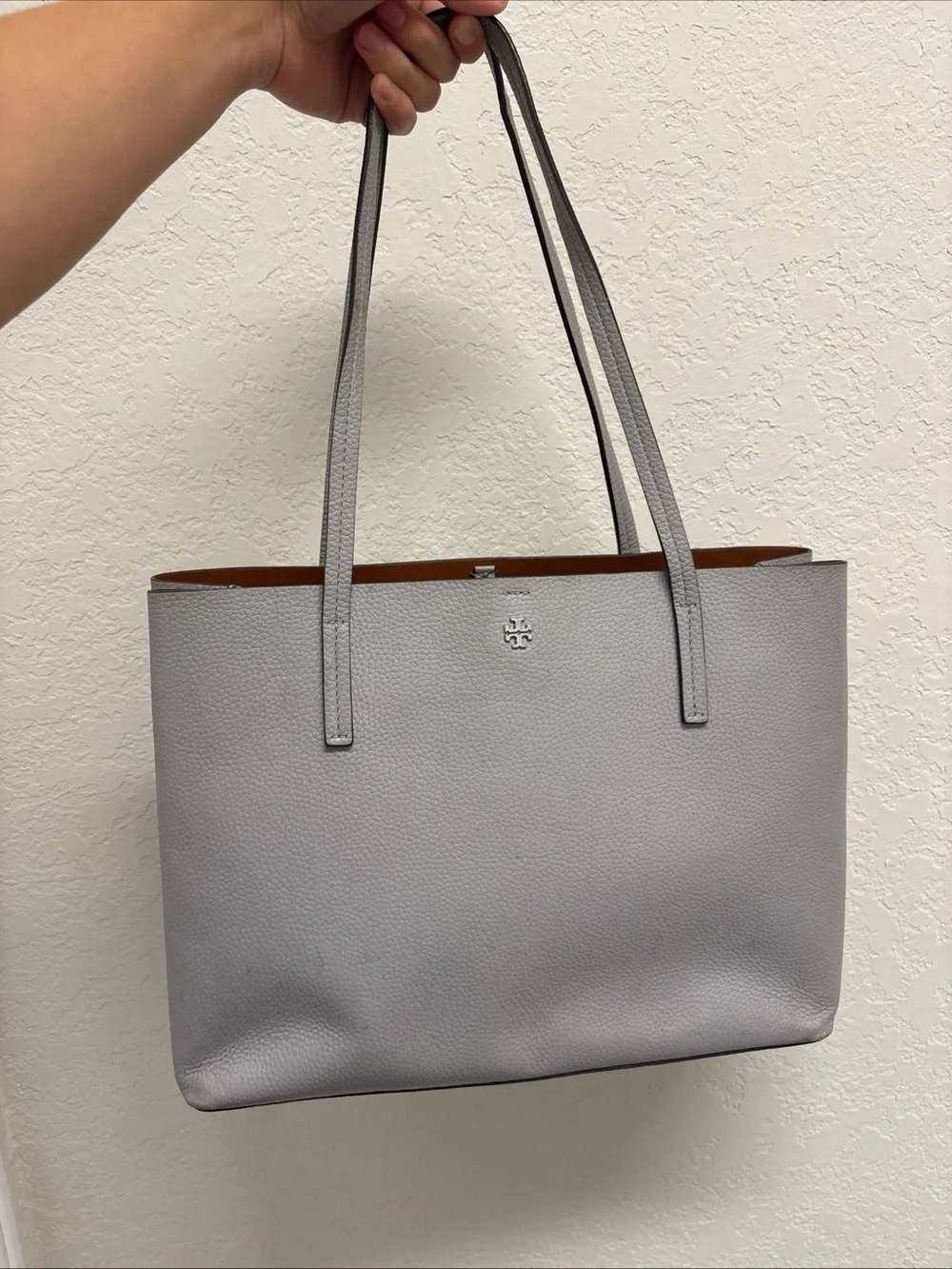 Tory Burch Light Gray Pebbled Leather Tote Bag